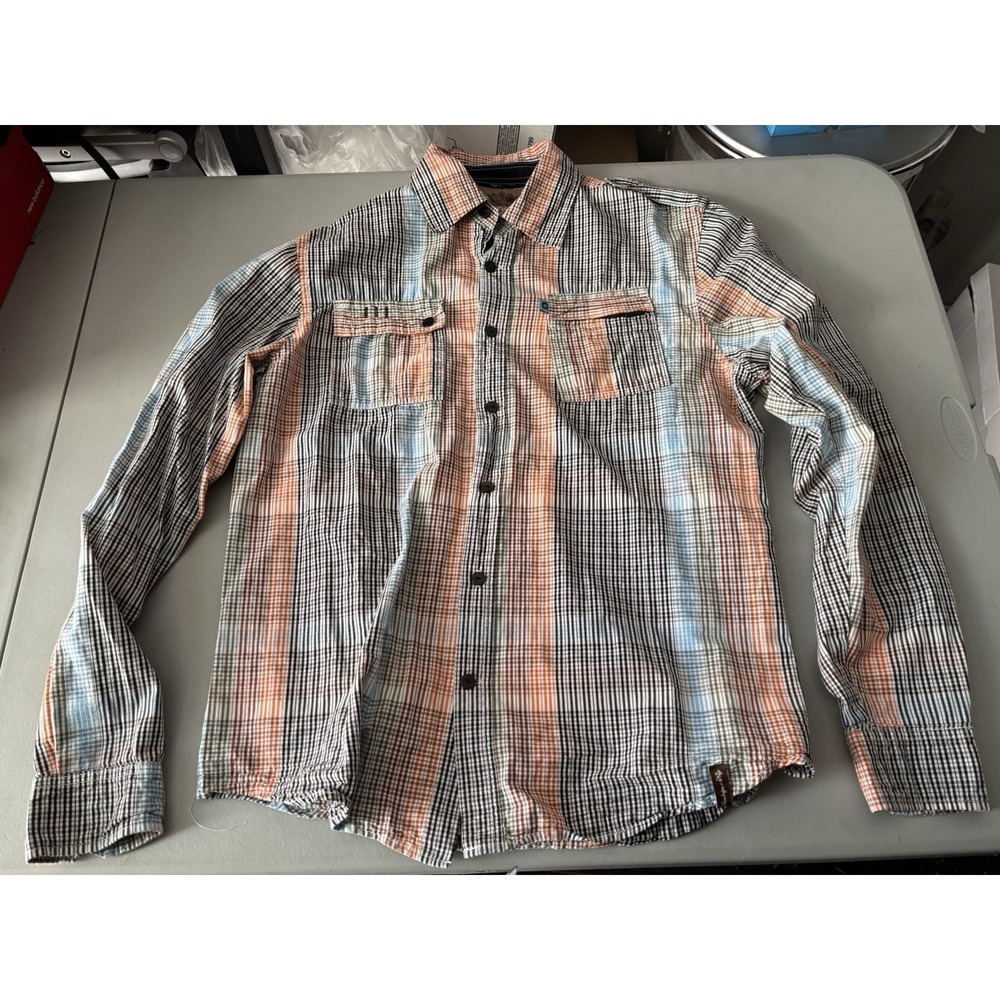 Akdmks Casual Shirt Mens Size M Orange WhiteStriped Button Up Long Sleeve Pocket